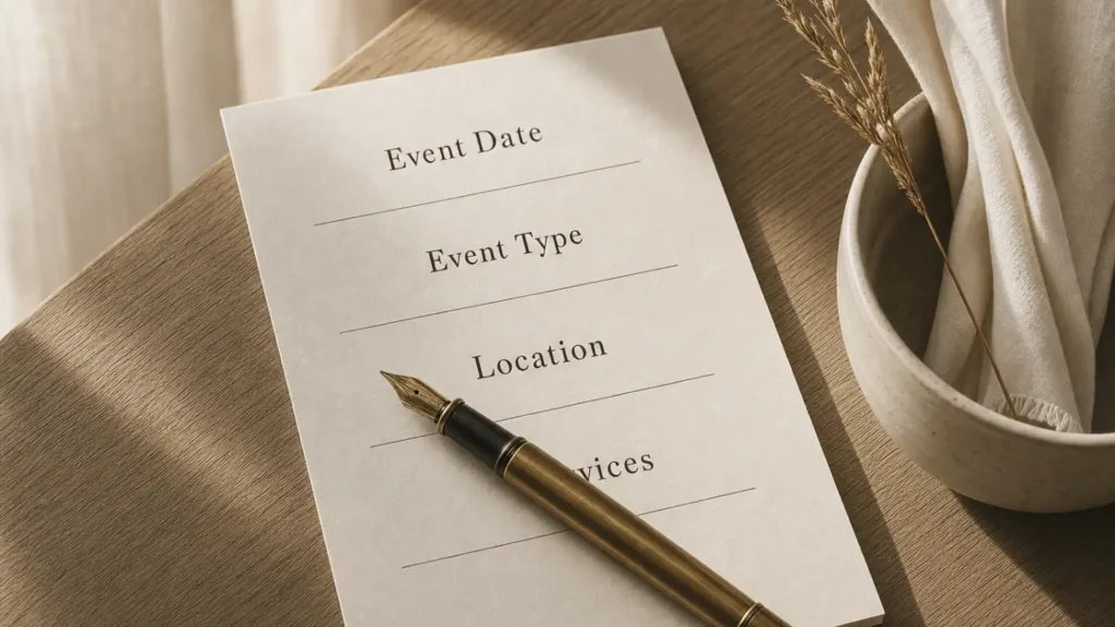 An elegant printed inquiry form showing Event Date, Event Type, Location, and Services fields on a warm oak desk with brass fountain pen