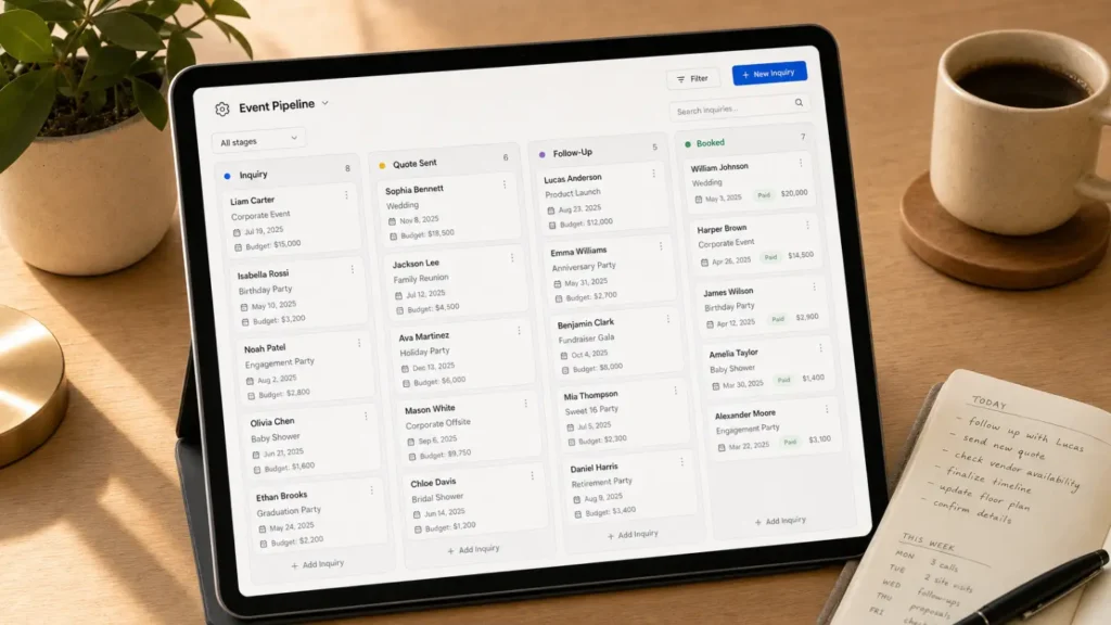 This image is showing a CRM lead tracking workspace with a tablet displaying an event pipeline board with Inquiry, Quote Sent, and Booked columns