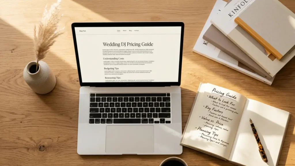 Open laptop displaying a Wedding DJ Pricing Guide blog post draft beside an open notebook with a handwritten content outline, pampas grass, and black coffee on a warm oak desk
