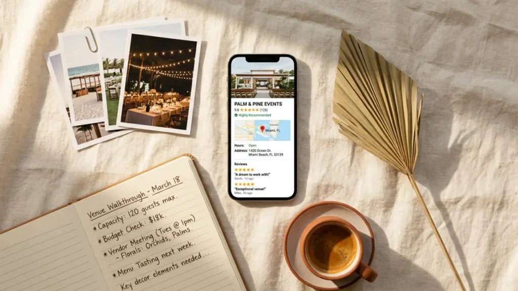 Smartphone displaying a Google Business Profile listing for a South Florida event company with five-star reviews and map location, beside a planning notebook and printed event photos