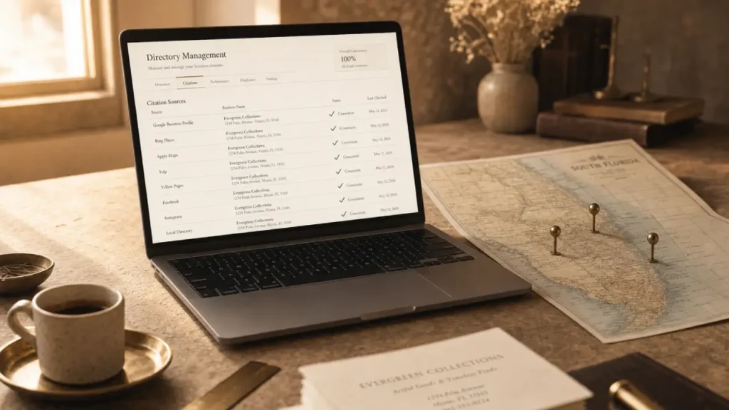 Open laptop displaying a directory management dashboard with consistent business citations across Google, Yelp, and local directories, beside a South Florida map with brass pins