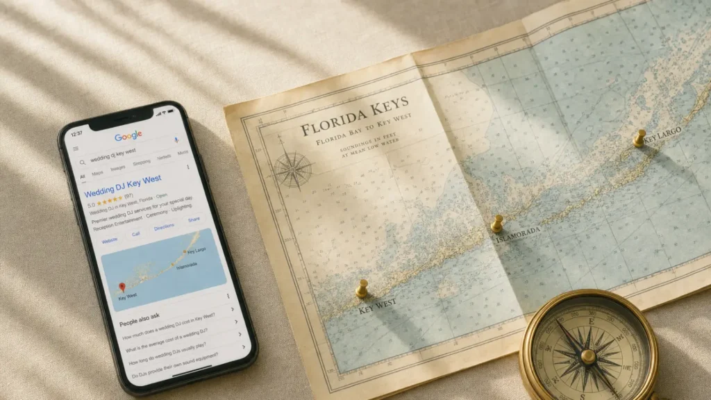 Smartphone showing Wedding DJ Key West Google search result beside a vintage Florida Keys nautical chart with brass pins and compass