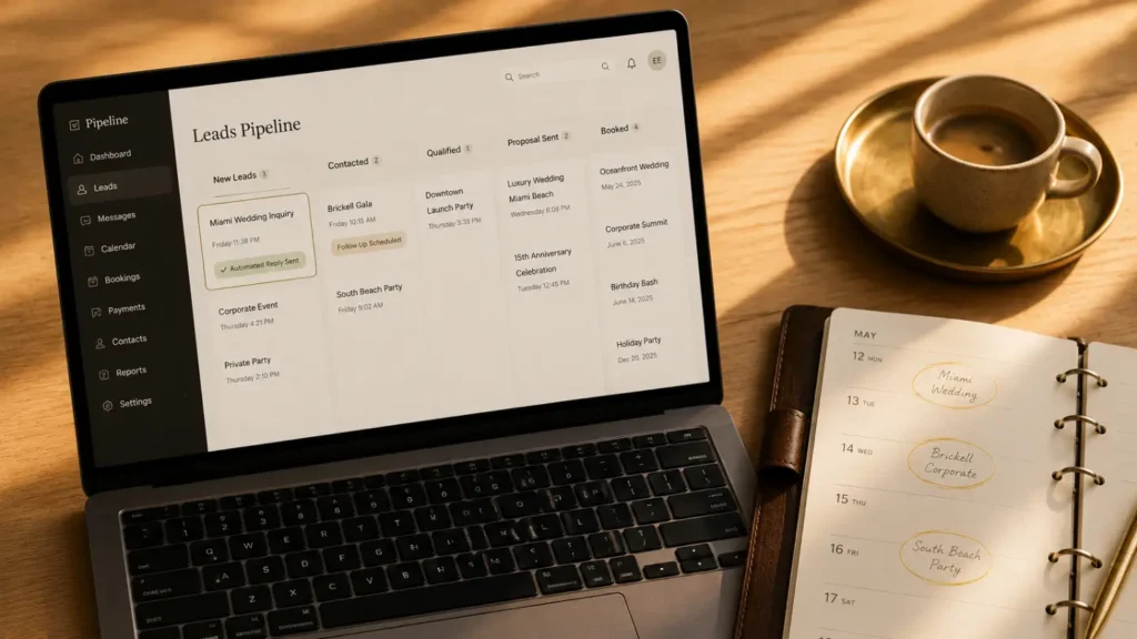 Laptop showing leads pipeline CRM with Miami Wedding Inquiry automated reply sent beside booked events planner and espresso