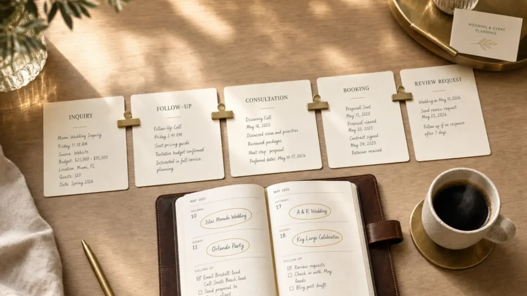 Five-stage automation workflow cards from inquiry to review request beside a leather planner with booked Fort Lauderdale events