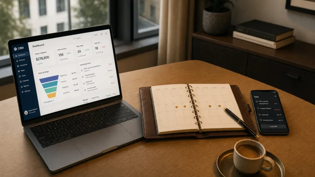Laptop CRM dashboard beside a calendar planner and smartphone on a warm dusk-lit oak desk