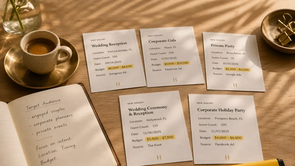 Five new inquiry cards for Fort Lauderdale events spread across desk beside target audience notebook and espresso cup