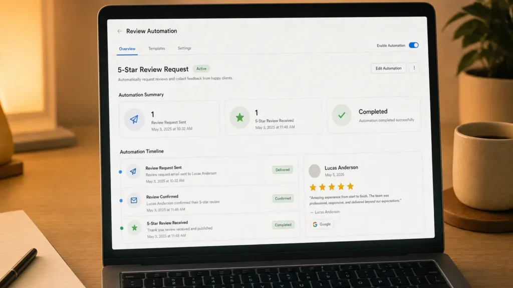 This image is showing a review request automation workspace with a laptop displaying a completed 5-star review request and automation timeline