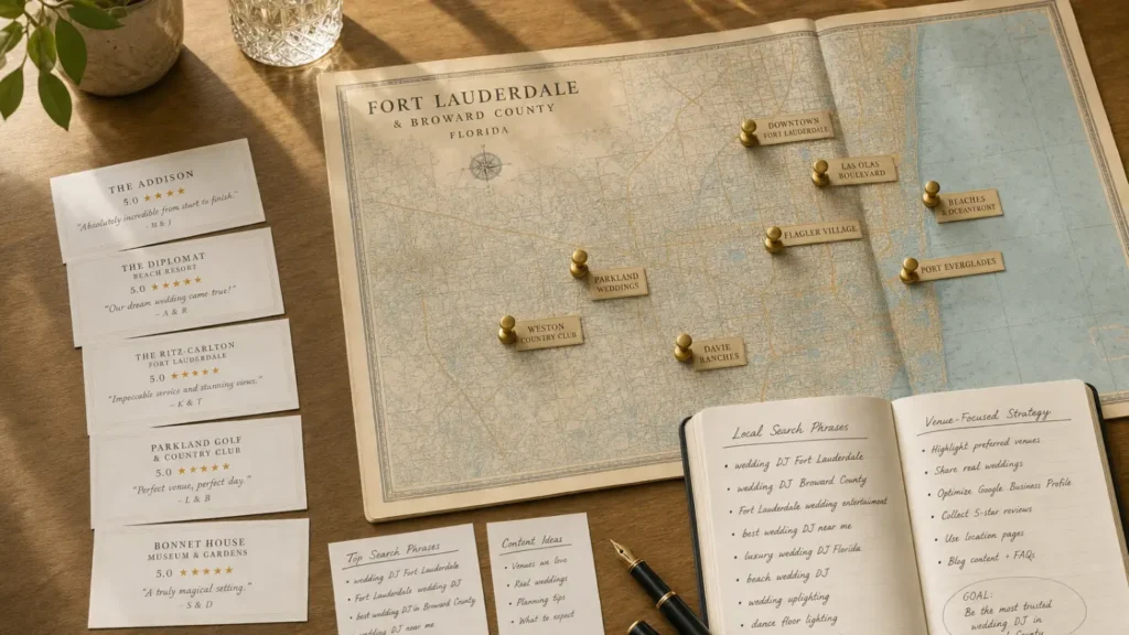 Fort Lauderdale and Broward County vintage map with brass pins marking venues beside five-star review cards and SEO keyword notes