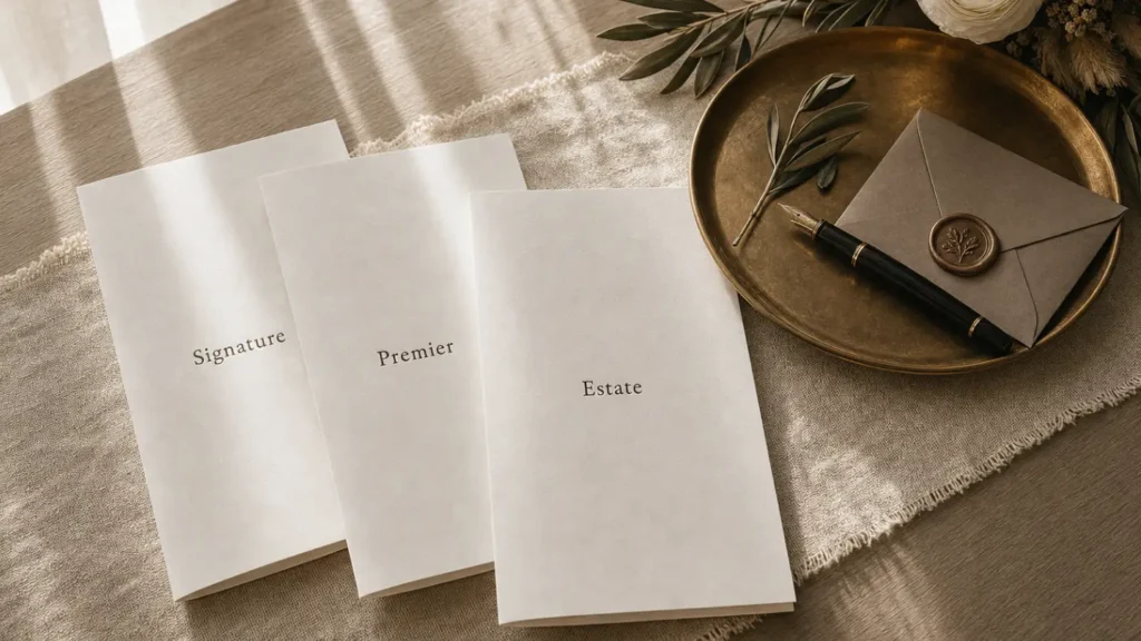 Three tiered entertainment service package brochures labeled Signature, Premier, and Estate on a warm linen surface with brass tray and fountain pen