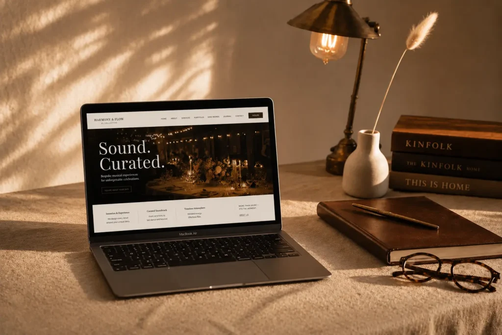 This image is showing a custom entertainment company website displayed on a laptop.
