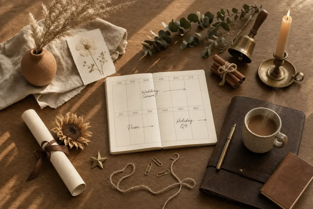This image is showing a seasonal marketing planner for wedding and event advertising campaigns.