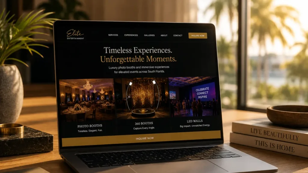 Laptop showing a photo booth and lighting company website with gallery grid, 360 booth and LED wall event photos