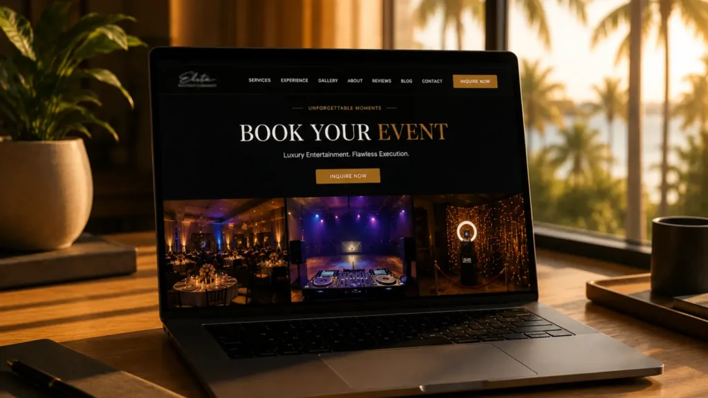 Laptop showing an event company website with Book Your Event headline, gallery grid, and Inquire Now button at golden hour