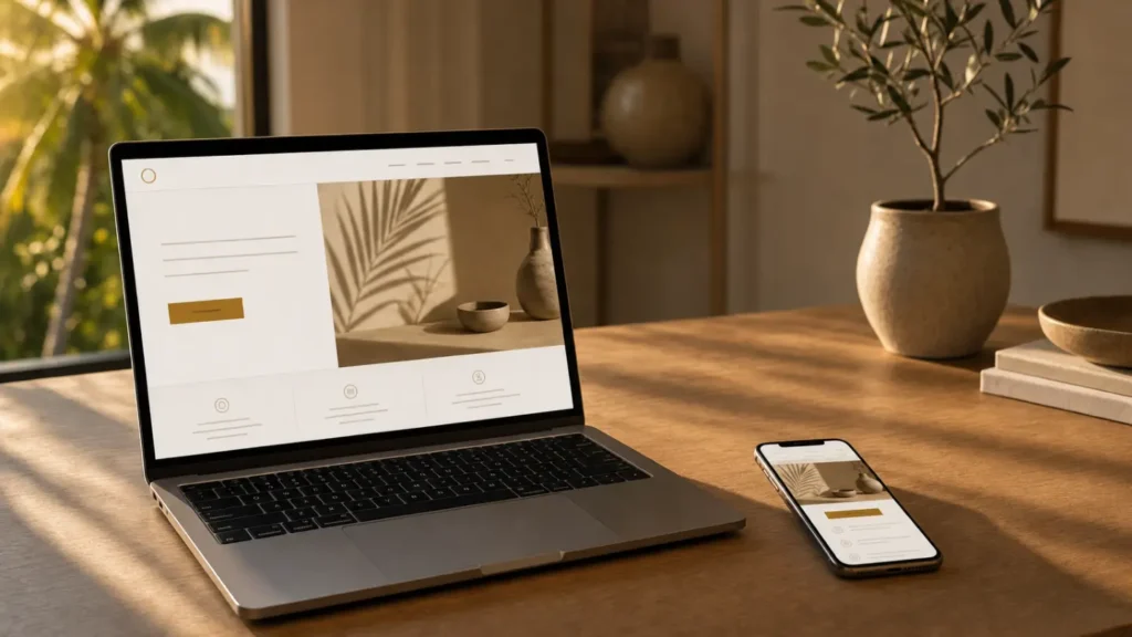 Laptop and phone displaying an entertainment company website mockup on a warm oak desk