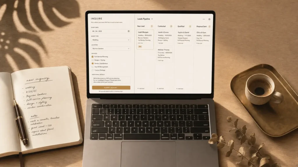 This image is showing a website form integration workspace with a laptop displaying an inquiry form and CRM leads pipeline side by side